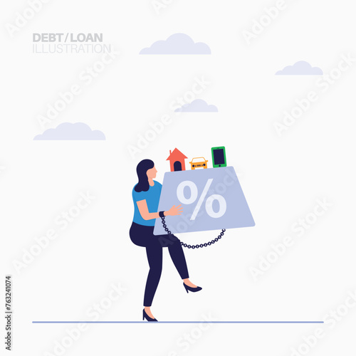 Business woman with Heavy Burden of House and Car Debts illustration