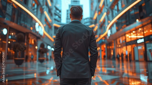 Man in a business suit standing in front of a shopping center. Generative AI. © visoot