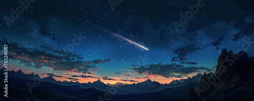 Starry night sky with a shooting star over mountain landscape