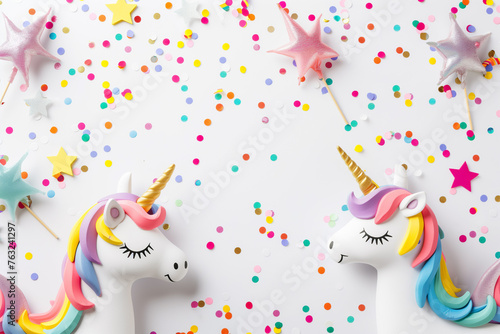 Two white unicorns with bright colored mane and tail flatlay on colorful confetti background. Congratulatory template for children's parties, girl's birthday, twins baby shower with copy space