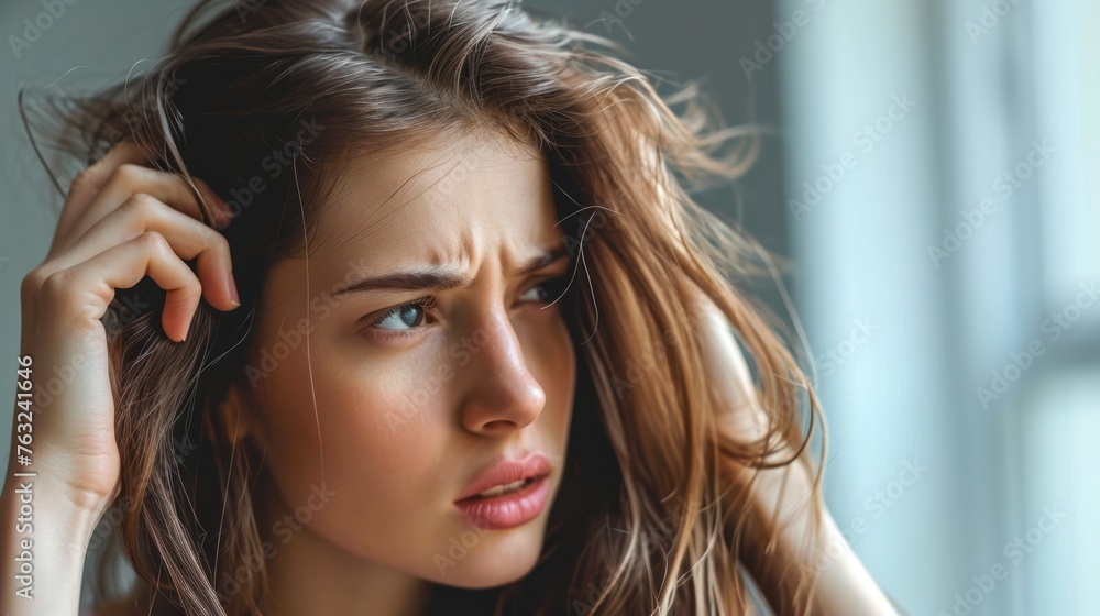 woman very sad and upset looking at damaged hair, hair loss, hair thinning problem, vitamin deficiency, baldness, postpartum, biotin, zinc, menstrual or endocrine disorders, hormonal imbalance woman very sad and upset looking at damaged hair, hair loss, hair thinning problem, vitamin deficiency, baldness, postpartum, biotin, zinc, menstrual or endocrine disorders, hormonal imbalance