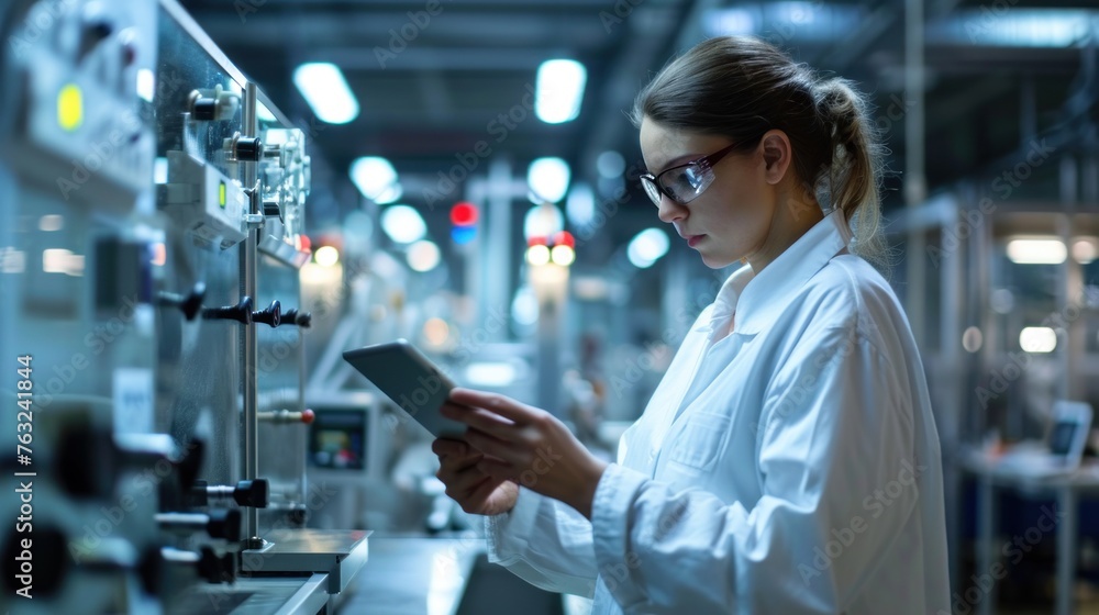 Woman factory worker wearing glasses and white robe at polymer plastic manufacturing, using tablet for quality control and logistic purposes, checking machines and mechanisms