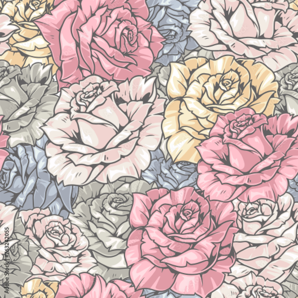 Rose flowers colorful pattern seamless - obrazy, fototapety, plakaty 