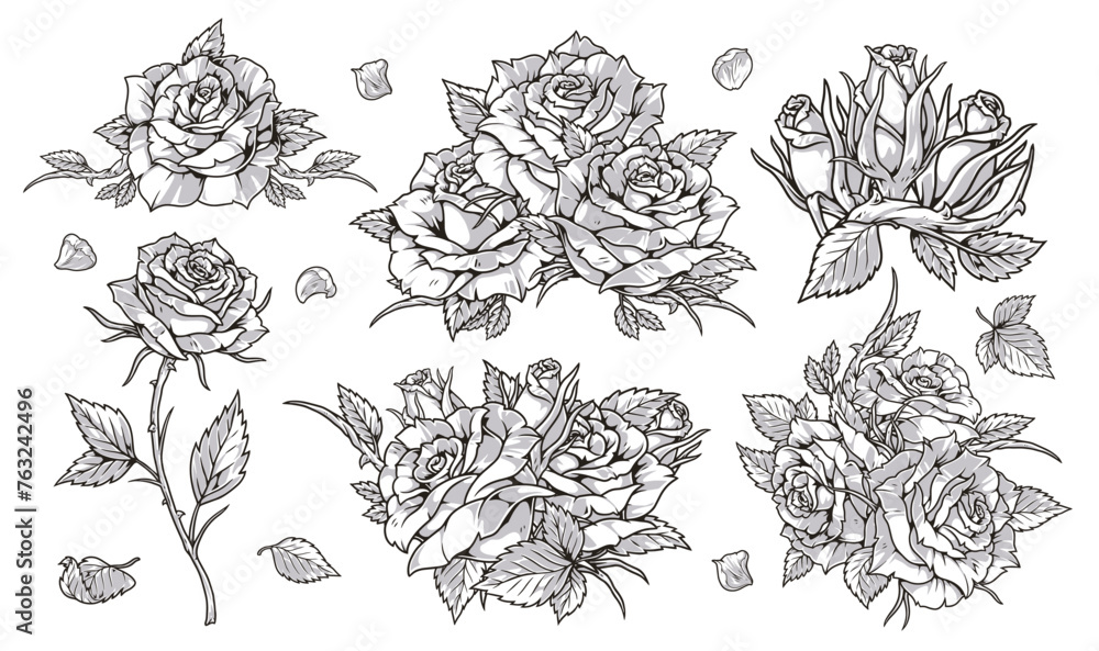 Organic roses set stickers monochrome