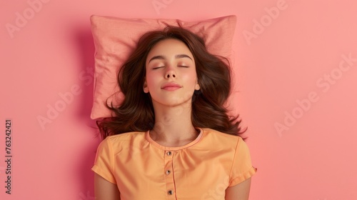 Top above high angle view photo portrait of satisfied woman sleeping on pillow isolated on pastel pink colored background --ar 16:9 --style raw Job ID: ca3abd66-05ba-4b0b-9363-fd42da970eb0