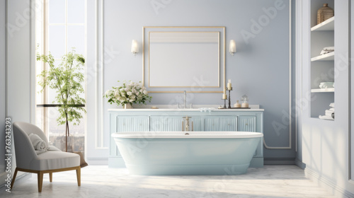 A bathroom with a large bathtub  a mirror  and a potted plant. The room is clean and well-lit  giving it a fresh and inviting atmosphere