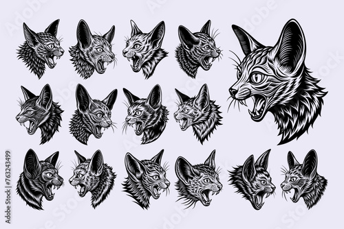 Adorable cute lykoi cat head in side view silhouette design set