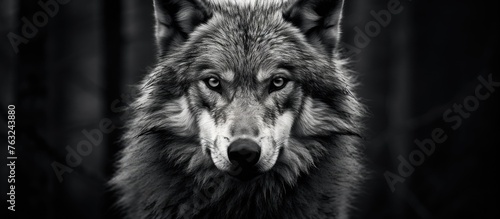 A monochrome image of a wolf with piercing eyes staring directly at the camera. The majestic carnivore showcases its whiskers and powerful snout as a terrestrial animal