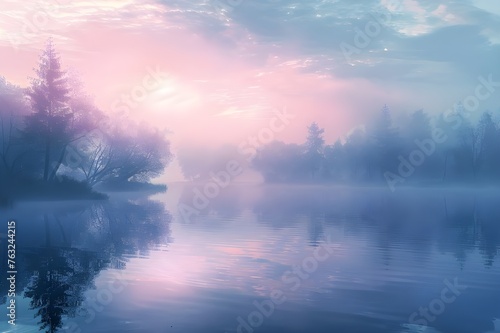 Mystical Foggy Lake: A mystical scene of a lake covered in thick fog, creating an otherworldly and ethereal atmosphere.