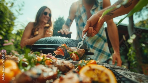 Man and Woman Grilling Food Together