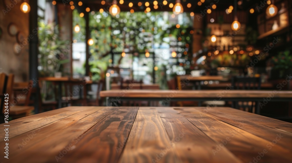Wooden Table in Restaurant With Hanging Lights