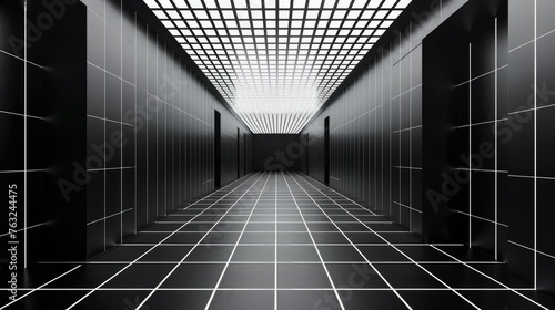 The black inside of a 3D box, with white gridlines on the inside walls. Generative AI.