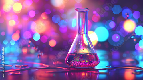 Laboratory flask with neon-colorful liquid in beautifull background. Generative Ai