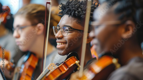 A young boy playing the violin in a orchestra