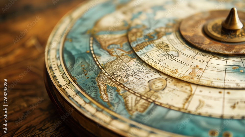 Closeup of an antique world map on a vintage sundial - obrazy, fototapety, plakaty 