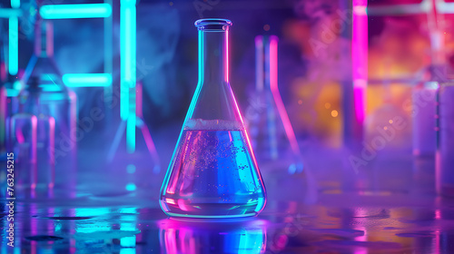 Laboratory flask with neon-colorful liquid in beautifull background. Generative Ai
