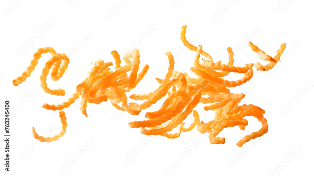 Obraz premium Flying delicious curly fries isolated on transparent or white background.
