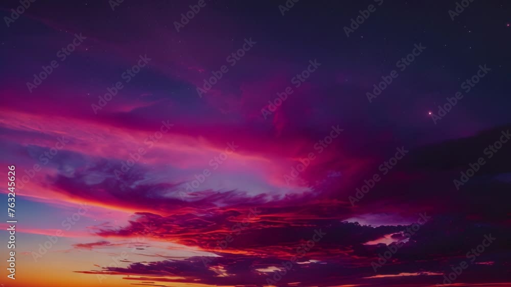 Video animation of view of the sunset sky. The clouds are painted with a mix of vibrant colors, including shades of purple, red, and orange. Video animation of view of the sunset sky. The clouds are painted with a mix of vibrant colors, including shades of purple, red, and orange.