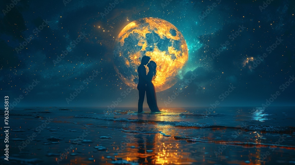  Silhouette of a couple in  first kiss by the moon - obrazy, fototapety, plakaty 