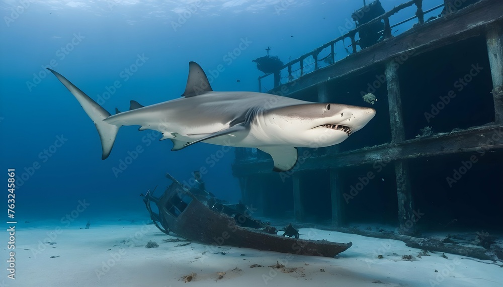 A Hammerhead Shark Swimming Past A Shipwreck Upscaled 4