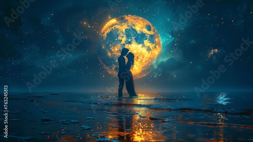  Silhouette of a couple in first kiss by the moon