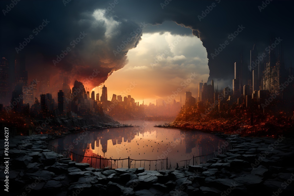 A dramatic cityscape amidst destruction, with dark clouds and remnants of buildings silhouetted against a fiery sunset. The concept of ecological problems