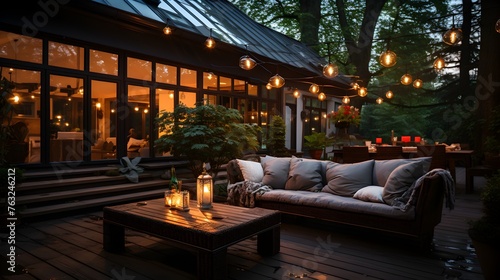 A serene evening setting in a beautifully lit backyard patio. The warm glow of hanging lights and candles creates an inviting ambiance.