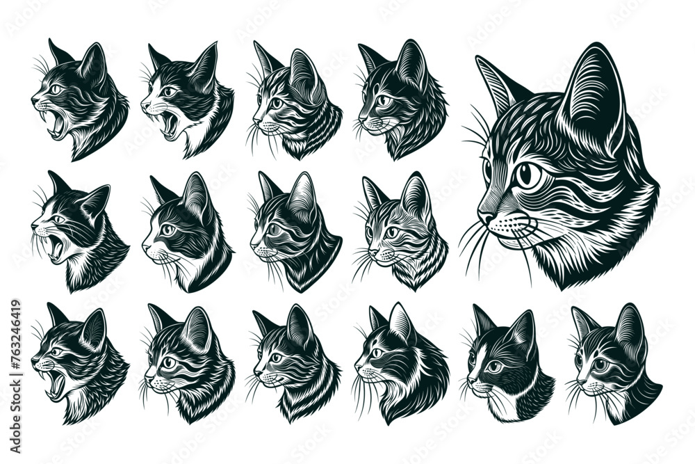 Side view of cute manx cat head illustration design bundle