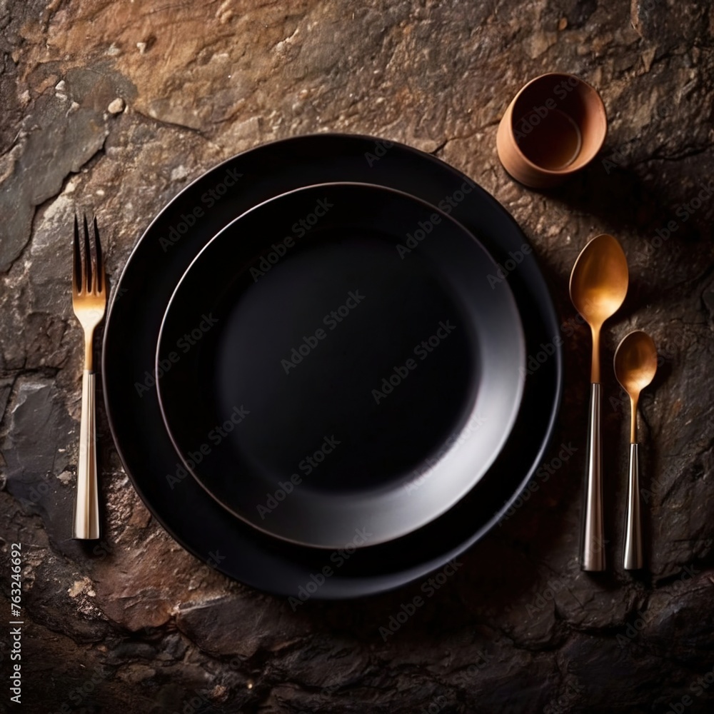 Premium luxury black stoneware, elegant place setting for fancy meal - obrazy, fototapety, plakaty 
