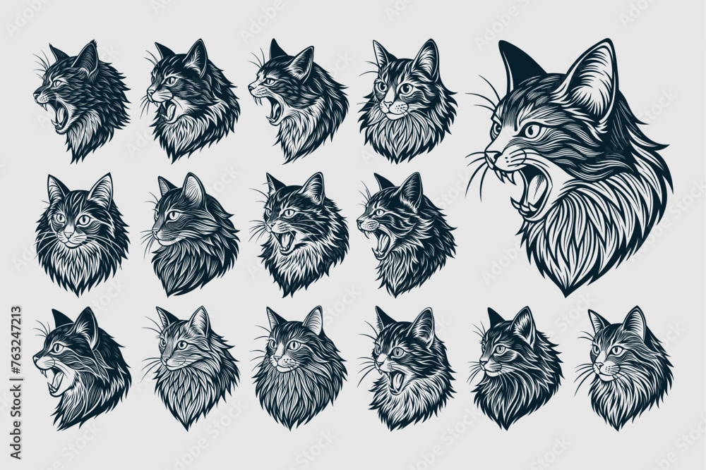 Cute meowing norwegian forest cat head in side view design vector set - obrazy, fototapety, plakaty 