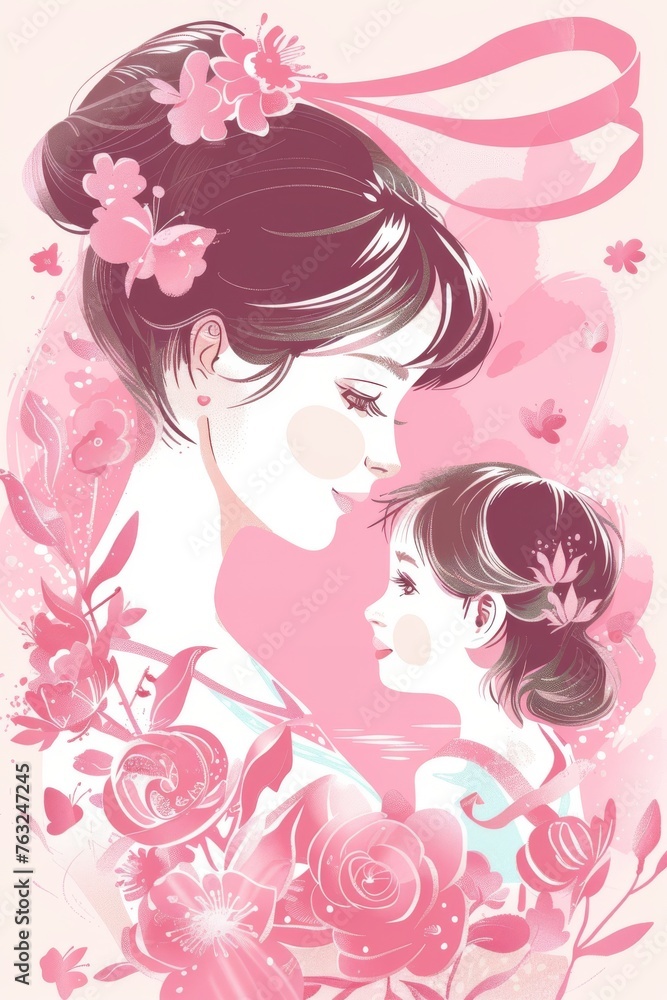 Mother's Day Greeting Card Background - Woman and Child With Floral Adornments Mother's Day Greeting Card Background - Woman and Child With Floral Adornments