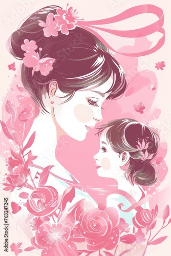 Mother s Day Greeting Card Background - Woman and Child With Floral Adornments