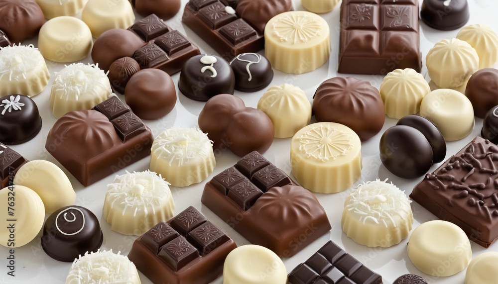 Assortment of milk chocolate, dark chocolate, white chocolate and coconut chocolates on a marble slab Assortment of milk chocolate, dark chocolate, white chocolate and coconut chocolates on a marble slab