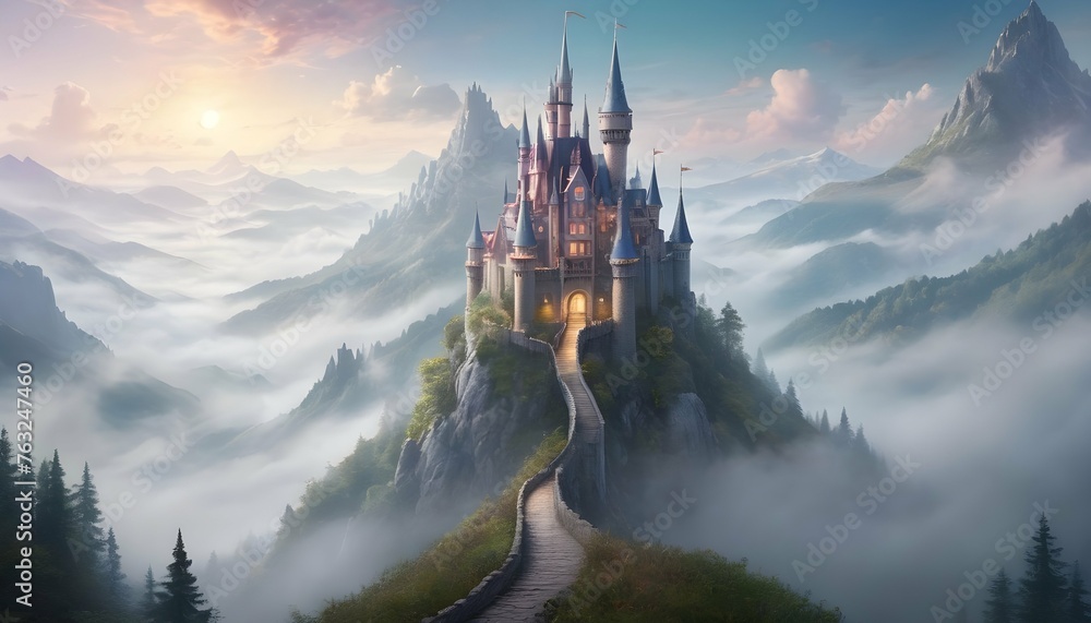 Visualize An Enchanted Castle Atop A Misty Mounta Upscaled 2 - obrazy, fototapety, plakaty 