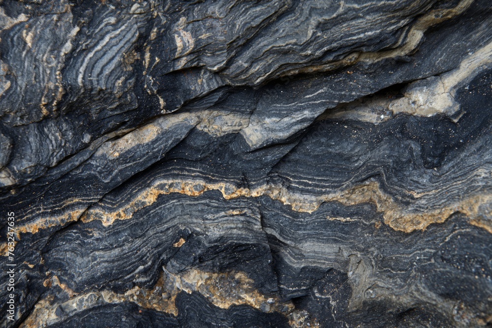 Close-up of layered black marble with natural gold patterns