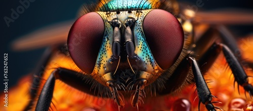 A closeup of an arthropods face with bright red eyes. This insect, with its electric blue iridescence, resembles a piece of jewelry or fashion accessory, displaying perfect symmetry photo