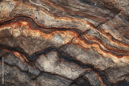 Close-up macro photography of intricate, colorful sedimentary rock strata texture, showcasing the layered geological formation and earthy tones in a natural outdoor environment photo