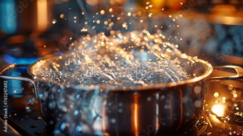 Vigorous bubbles in a shiny metal pot heating on a modern cooktop. Enthralling brilliance of boiling water amidst a warm glow