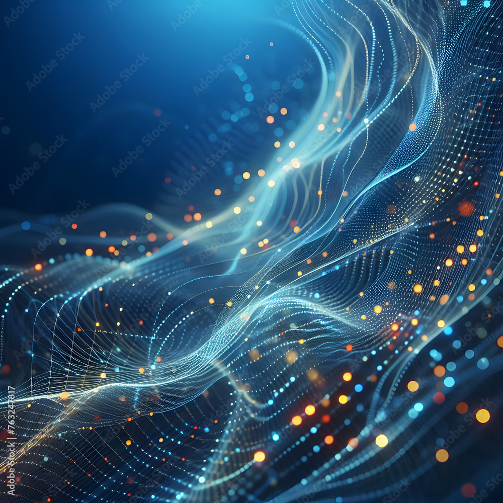 3d rendering abstract particles wave flow on dark blue background with glowing particles generative by AI 3d rendering abstract particles wave flow on dark blue background with glowing particles generative by AI