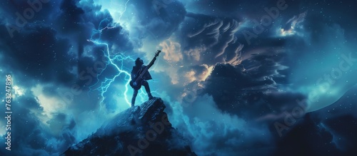 Rockstar Standing on Top of Mountain Under Cloudy Sky