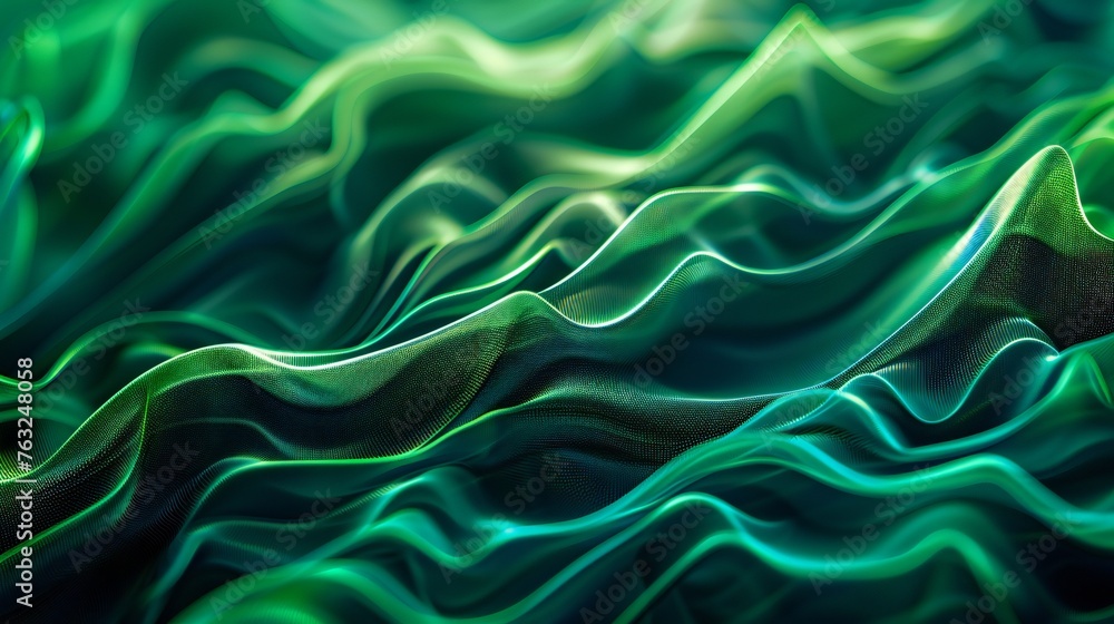 Fototapeta premium Colorful panorama banner with dynamic neon green waves texture for web backgrounds.