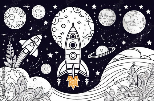 The rocket flies to the moon coloring book. Antistress planet, earth and moon illustration in zentangle style.