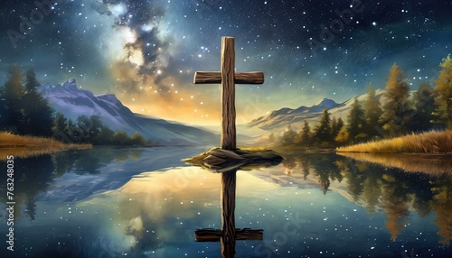 Wooden Cross in a Still Lake under a Starry Night