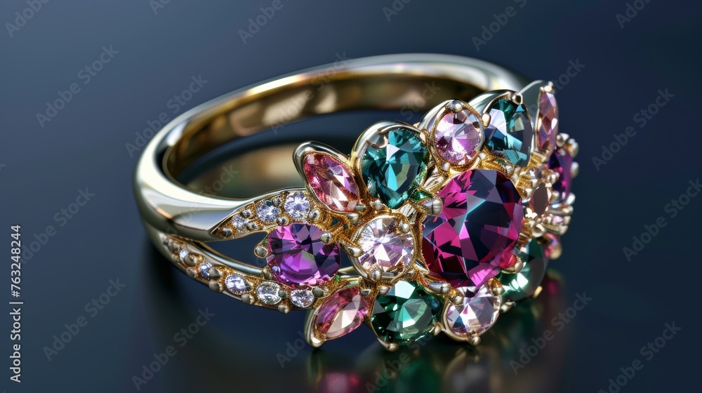 An elegant jewelry ring adorned with sparkling jewel stones, embodying sophistication An elegant jewelry ring adorned with sparkling jewel stones, embodying sophistication