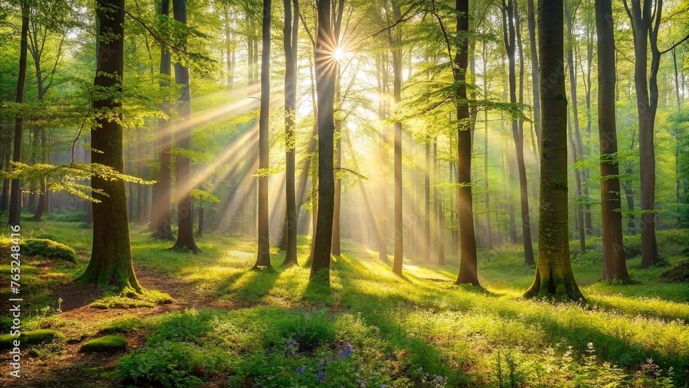 Obraz premium silent-forest-in-spring-with-beautiful-bright-sun