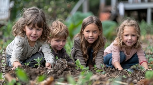 kids planting a plant in an garden