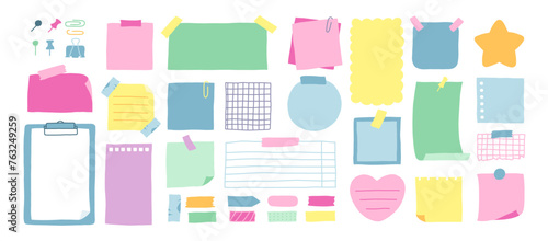 Paper notes, stickers, sticky sheets and tape set. To do list, memo messages with curled corner, notepads and torn paper with pin