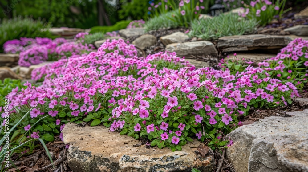 Garden study in pink and light green: Clumps of rock cress (most likely botanical name: Arabis