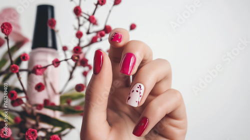 a floral design female manicure on nails close up in the photo