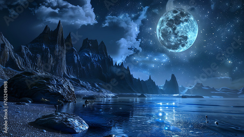 Moonlight night view at a beautiful fantasy unreal landscape. Generative Ai © Handz